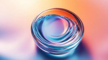 Abstract glass sphere in vivid colors illuminated by radiant lights creating a hypnotic visual experience with swirling patterns and soft glows photo
