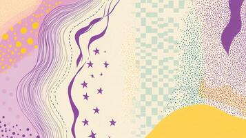 Abstract minimalist art with purple and yellow geometric patterns and star motifs creating a playful, contemporary design photo
