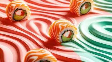 Colorful sushi rolls on artistic wave patterned background with avocado and salmon highlights in a vibrant red and green setting photo
