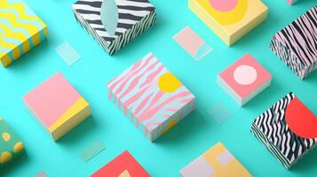 Colorful geometric gift boxes with abstract patterns on turquoise background for celebrations and festive occasions in modern style photo