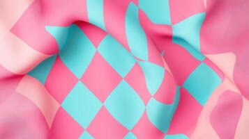 Vibrant pink and blue checkered fabric with gentle folds reflecting light on a soft surface, creating a playful and stylish pattern photo