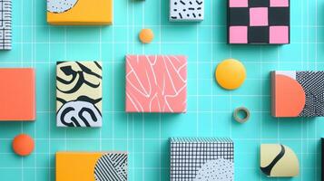 Bold geometric patterns on colorful boxes, abstract art with vibrant colors and dynamic shapes on a bright turquoise grid background photo