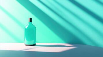 Minimalistic turquoise bottle casting long shadows under bright light on a smooth surface in a modern abstract setting photo