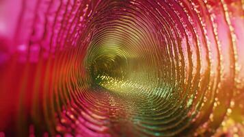 Vibrant abstract tunnel of pink and gold lights with spiraling patterns evoking a sense of movement and depth in a captivating visual journey photo