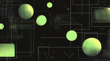 Abstract neon green geometric shapes on black background with circles and lines creating a futuristic tech aesthetic photo