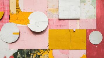 Abstract geometric wall art with colorful circles and rectangles on textured surface featuring pink, yellow, and red patterns photo