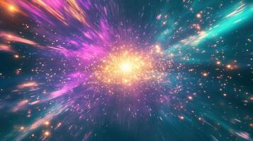A stunning cosmic explosion of colors, vibrant starburst in space captured with bright nebulae and glittering stars photo