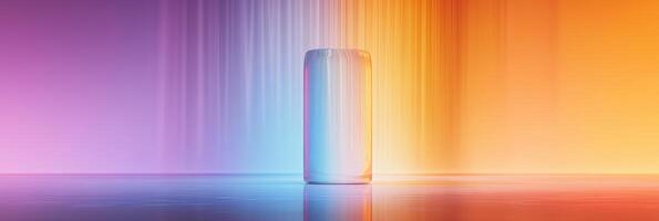 Sleek and modern aluminum can on gradient background in vibrant rainbow shades reflecting light and shadows in an abstract artistic style photo