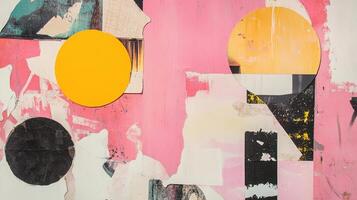 Abstract collage with vibrant yellow and black circles on pink and white background creating dynamic artistic contrast photo
