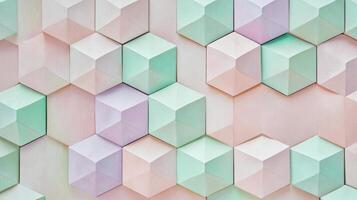 Pastel geometric cube pattern with soft pinks, greens, and blues showcasing unique abstract design and three-dimensional visual illusion photo