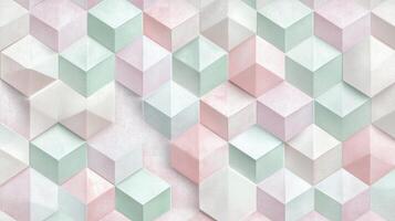 Pastel geometric texture with 3d cube pattern in soft pink, green, and cream shades creating an optical illusion effect and depth photo