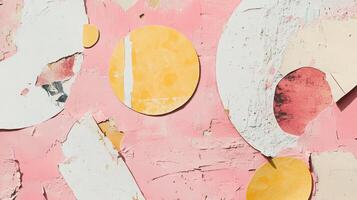 Abstract colorful collage with pink background featuring yellow and white circular shapes on textured surface in artistic modern composition photo