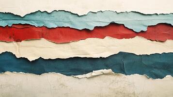 Abstract representation of torn paper layers in red, beige, blue, and teal with rustic texture and distressed vintage aesthetic photo
