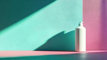 Minimalist white bottle on bright colorful background with dynamic shadows in a modern artistic abstract composition photo