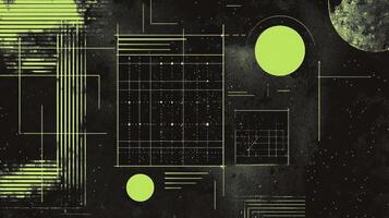 Abstract geometric space art with neon green circles and lines on a black starry background with cosmic elements photo