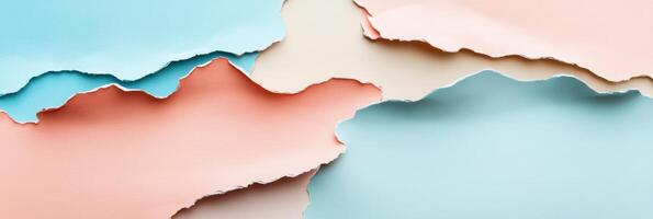 Dynamic abstract composition of torn paper in soft pastel blue, peach, and cream hues creates a harmonious palette with organic textures photo