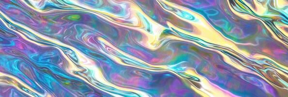 Iridescent abstract waves of multicolored light creating dynamic and vivid patterns with swirling blue, purple, yellow hues blending seamlessly photo