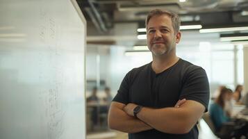 Confident Caucasian adult male in modern office setting stands with arms crossed next to a whiteboard full of diagrams and sketches. Mentor worker photo