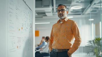 Confident, young, hispanic male professional in modern office setting stands by whiteboard with detailed diagrams and colleagues engaged in background. Mentor worker photo