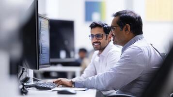 Two colleagues collaborating in an office setting with one typing and the other smiling, focused on computer screens displaying code.. Mentor worker photo
