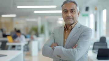 Confident mature indian male in business attire standing with arms crossed in modern open office space with blurred background. Mentor worker photo