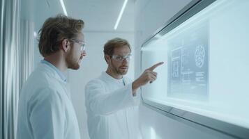 Two caucasian male scientists in white lab coats analyzing brain scans on a futuristic screen in a modern laboratory setting. Mentor worker photo