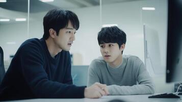 Two young asian males working together in a modern office environment, collaborating on a computer with focused expressions. Mentor worker photo
