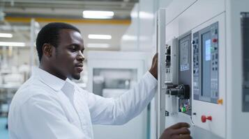 African male adult engineer in a white lab coat operating industrial machinery in a modern factory setting while ensuring quality control. Mentor worker photo
