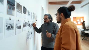 Two hispanic male adults collaborate on project, reviewing black and white photos and sketches on a white wall in creative office environment. Mentor worker