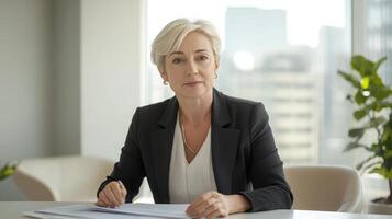Mature caucasian businesswoman with white hair reviewing documents at a modern office table, confident and professional demeanor in corporate setting. Mentor worker photo