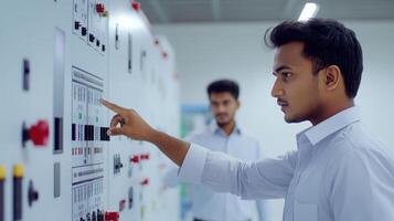 Young asian male engineers in control room analyzing data on industrial panel for efficient system management and problem-solving initiatives. Mentor worker photo