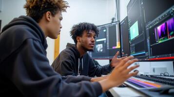 Focused young individuals collaborating on editing projects using advanced computer technology in a creative and modern workspace. Mentor worker photo