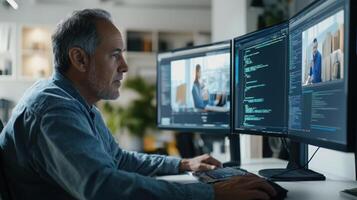 Mature caucasian male programmer analyzing code on dual monitors in modern office environment with focused expression and professional attire. Mentor worker photo