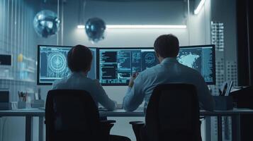 Two young caucasian adults analyzing data on large computer screens in a modern control room with high-tech equipment and blue lighting. Mentor worker photo