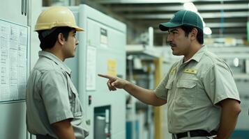 Two young hispanic male workers in industrial setting, one wearing hard hat and other pointing, engaged in a serious conversation. Mentor worker photo