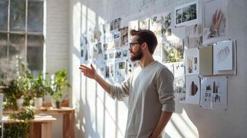 Young caucasian male in a sunlit studio discussing design ideas, gesturing toward a wall of photos and inspiration with focused expression. Mentor worker