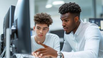 Two young males collaborating on a computer project in a modern office environment, with focused expressions and engaged interaction. Mentor worker photo