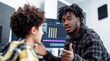 Young african male mentor guides child in music production at studio, focused on computer screen with audio software displayed in background. Mentor worker photo