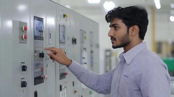Young asian male engineer operating control panel in industrial setting, focused on monitoring equipment and adjusting settings with precision. Mentor worker photo