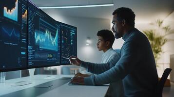 Diverse team of young african and hispanic males analyzing data on multiple computer screens in a modern office environment. Mentor worker photo
