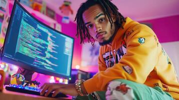 Young african male coder focuses intently on computer screen in neon-lit workspace with colorful background and stylish attire. Wearing headphones watching webinar photo