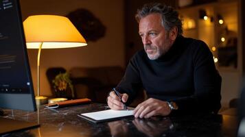 Mature caucasian male in black turtleneck writing notes while working on laptop in cozy dimly lit room with warm lighting. Wearing headphones watching webinar photo