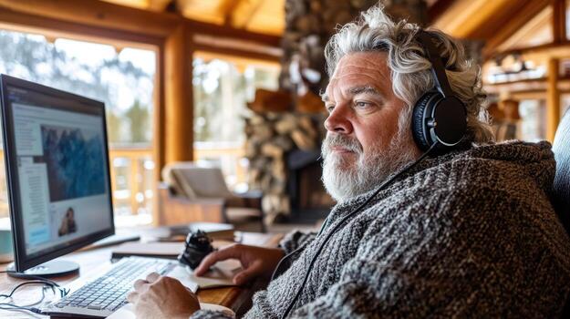 Mature caucasian man in cozy sweater enjoys remote work in rustic log cabin setting, wearing headphones and using computer for online tasks. Wearing headphones watching webinar photo