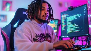 Young african male programmer immersed in coding at modern setup with dual monitors and colorful neon lighting. Wearing headphones watching webinar photo