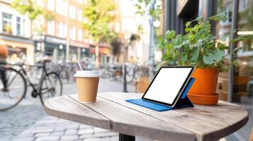 Outdoor cafe table with digital tablet and coffee in urban setting during daytime on a sunny day with leafy plants and brick buildings in background photo