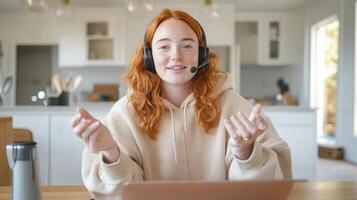 Young caucasian female with red hair using a headset smiling at camera in bright kitchen setting while engaging in call photo
