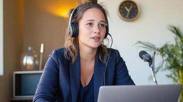 Caucasian young female podcaster recording in studio with headphones and microphone, modern office setting with laptop and clock in background photo