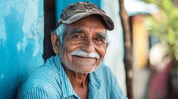 Elderly man with gray hair and mustache, wearing a cap, smiles warmly while sitting against a vibrant blue wall, showcasing a joyful and relaxed demeanor in a casual environment photo