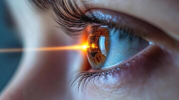 Close-up of a human eye with a vibrant iris reflecting a cityscape, illuminated by a bright light beam, showcasing intricate details and textures of the eye's surface photo