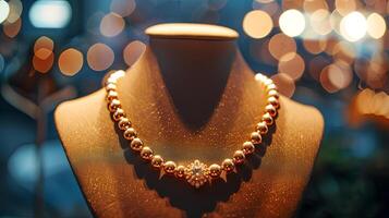 Elegant pearl necklace displayed on a soft fabric bust, surrounded by a blurred background of warm lights, showcasing luxury and sophistication in jewelry design photo